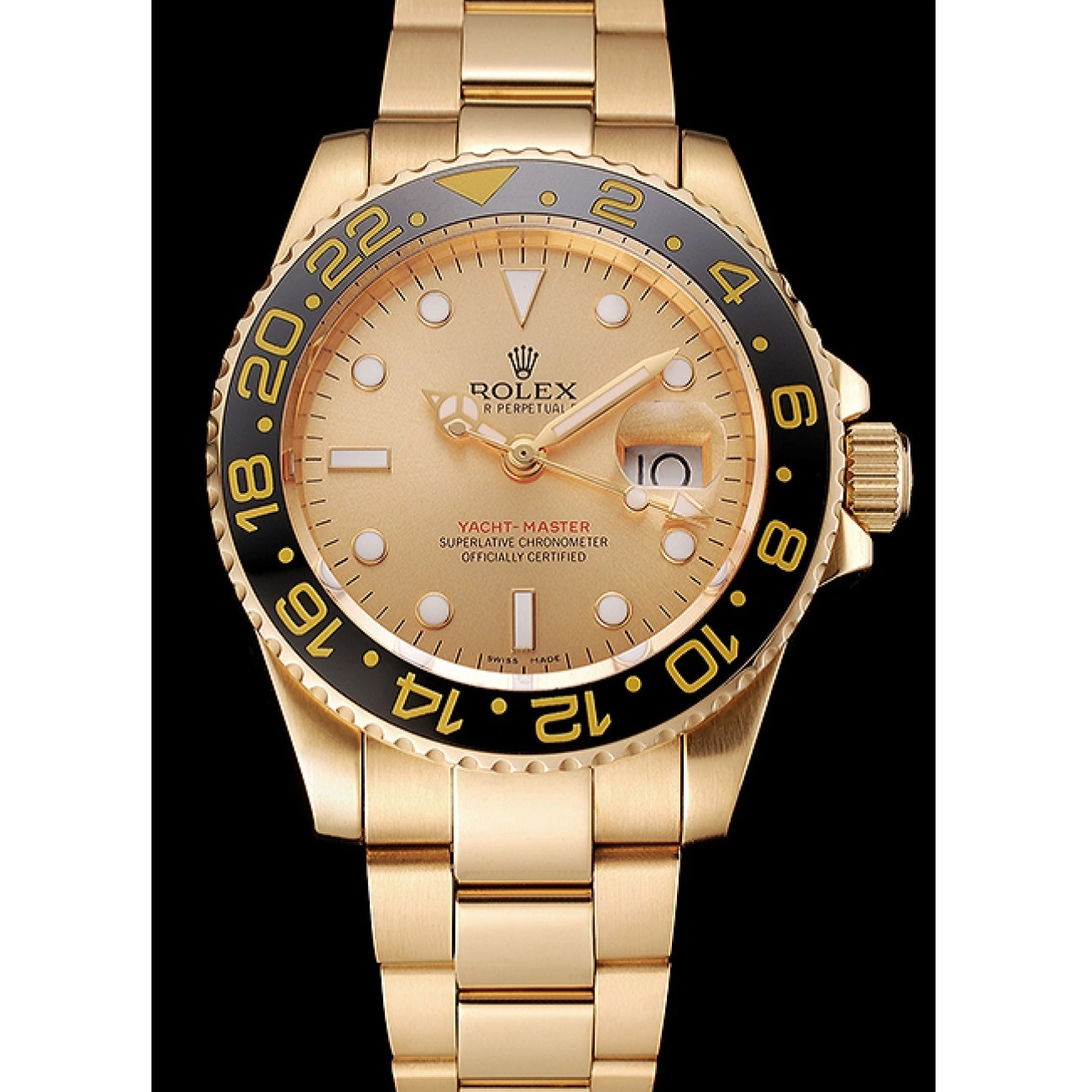 Best AAA Replica Sites II Gold Black Bezel Master Swiss Bracelet Gold Dial 1453749 GMT And Rolex Case 0711